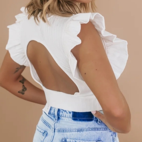 NWT Everyday Chic Boutique | Blue Cropped Ruffle Open Back Top - Picture 6 of 6